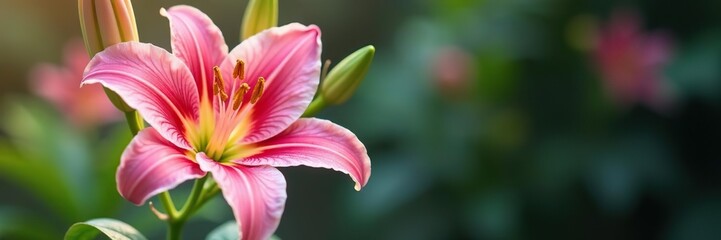 Fototapeta premium Vibrant pink stargazer lily blossoms with delicate white edges, fresh and alluring, blooming, delicate