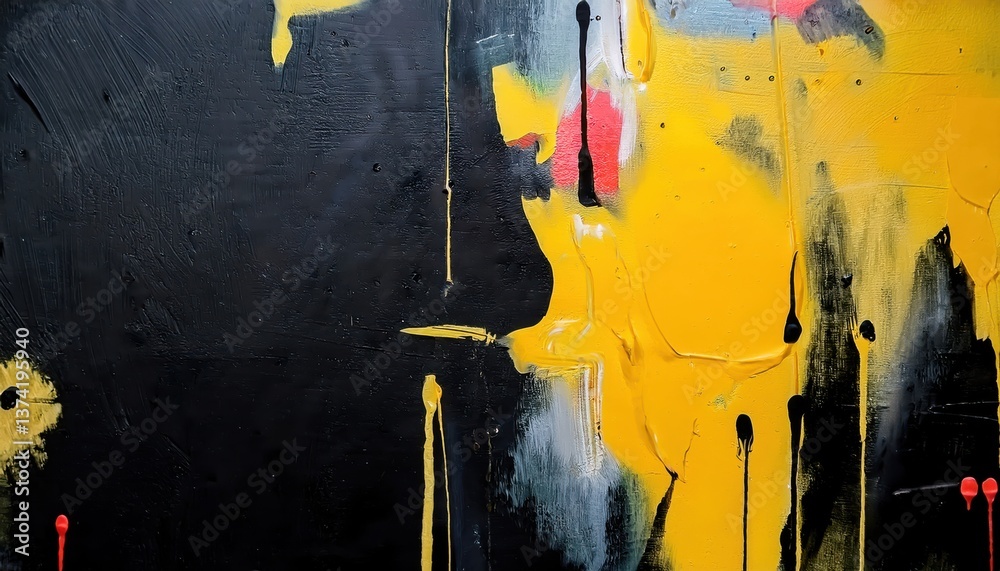 Poster dripping yellow and red abstract expressionist painting with textured black background, bold brush s