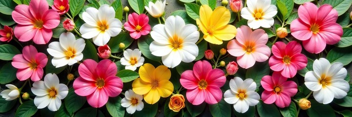 Naklejka premium Vibrant pink white yellow flowers blooming lush colorful tapestry nature beauty, shot, beauty