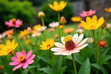 Vibrant pink, yellow, and white flowers adding color to outdoor garden,  colorful,  outdoor