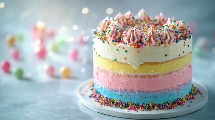 Tall rainbow cake topped with sprinkles 