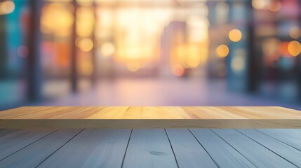 Obraz premium A blurred background with warm bokeh lights and a wooden surface in the foreground, creating a cozy and inviting atmosphere.