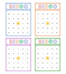 Bingo card random numbers printable template set. Vector illustration simple bingo card design.