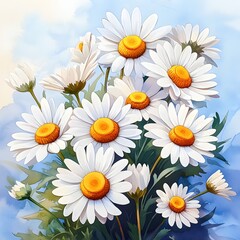 Fototapeta premium Vibrant White Daisies Bouquet Watercolor Painting Floral Art Nature