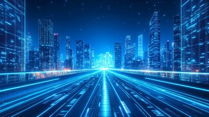 Obraz premium Future technology blue sci-fi style, a glowing bridge in front leads to the other side, and in the distance on the other side is a futuristic high-tech city