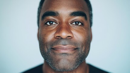 Obraz premium Hyperrealistic passport photo-style portrait of a man with subtle, natural blending of faces from various ethnicities, featuring aligned eyes, nose, and mouth, soft lighting, and neutral expression