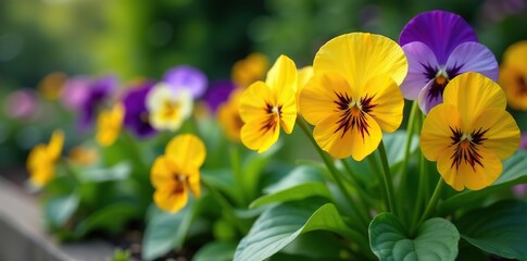 Viola plant with vibrant multicolor flowers blooming in outdoor garden setting, Viola,  flora