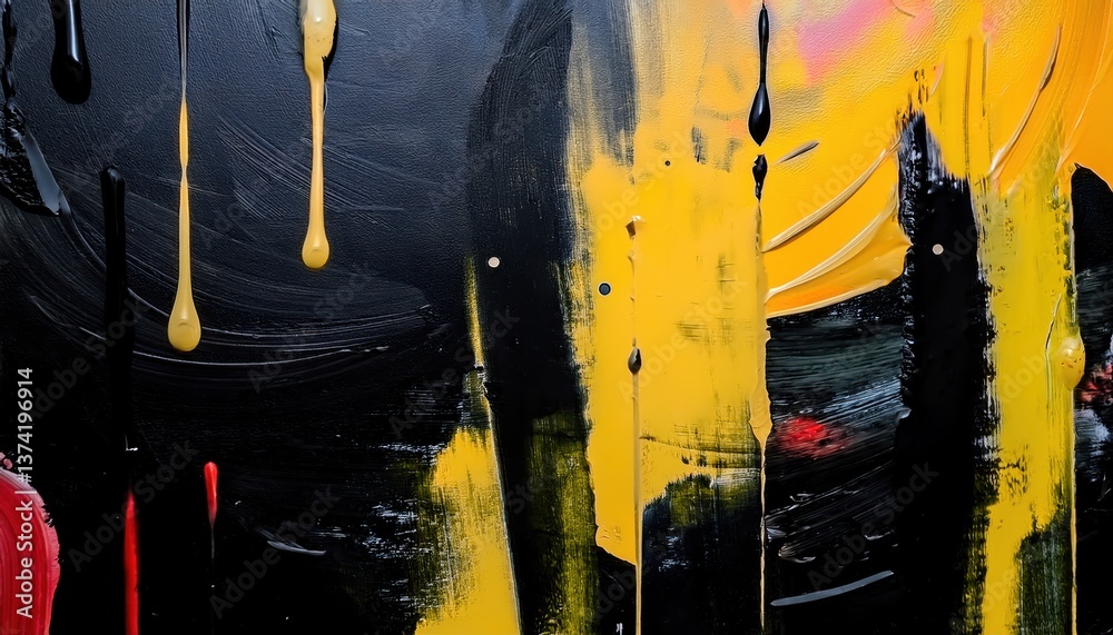 Poster dripping yellow and red abstract expressionist painting with textured black background, bold brush s