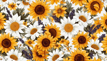 Rustic country-style floral field, sunflowers, lavender, and chamomile arranged in a warm, cozy pattern with a linen-texture effect.