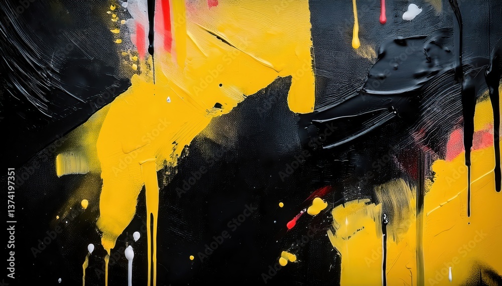 Poster dripping yellow and red abstract expressionist painting with textured black background, bold brush s