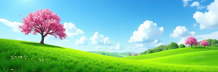 Naklejka premium Vibrant green hills and blooming trees under a clear blue sky, panorama, miraculous