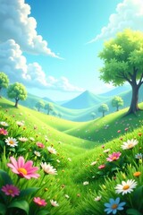 Fototapeta premium Vivid 3D grassland landscape background with blooming flowers and lush greenery, sunny, flowers
