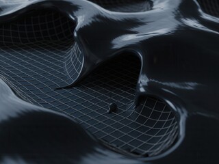 Conceptual image of viscous, dark gunmetal liquid metal flowing over and partially engulfing a subtle, underlying geometric grid pattern etched onto a surface