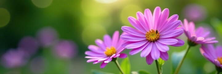 Obraz premium Vibrant purple aster flowers blooming in a garden with soft green leaves and blurred background, garden, blurred