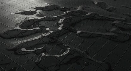 Conceptual image of viscous, dark gunmetal liquid metal flowing over and partially engulfing a subtle, underlying geometric grid pattern etched onto a surface