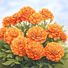 Vibrant Orange Marigolds Blooming in Lush Garden Sunlight Beautiful floral image