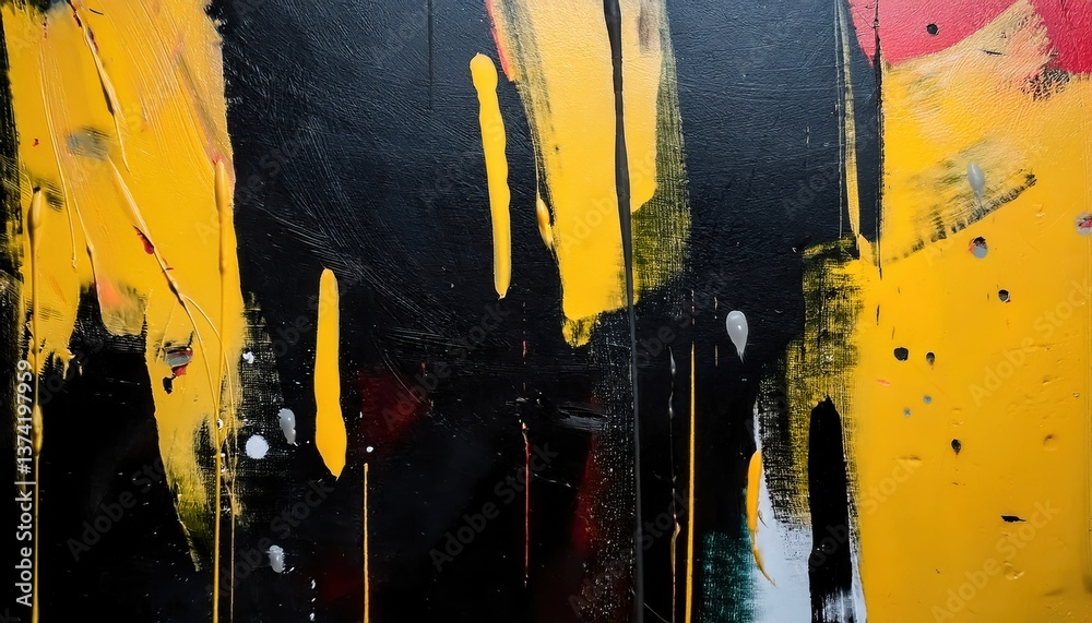 Poster dripping yellow and red abstract expressionist painting with textured black background, bold brush s