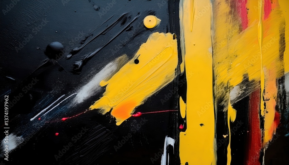 Poster dripping yellow and red abstract expressionist painting with textured black background, bold brush s