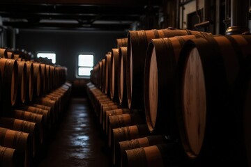 Rows of Wooden Barrels in a Dimly Lit Distillery Warehouse