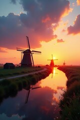 Vibrant sunset over Dutch polder landscape in Gouda with windmills and canals,  serene,  landscape