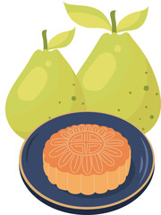 Green Pomelo Fruit and Moon Cake Traditional Dessert Illustration Graphic Element Art Card