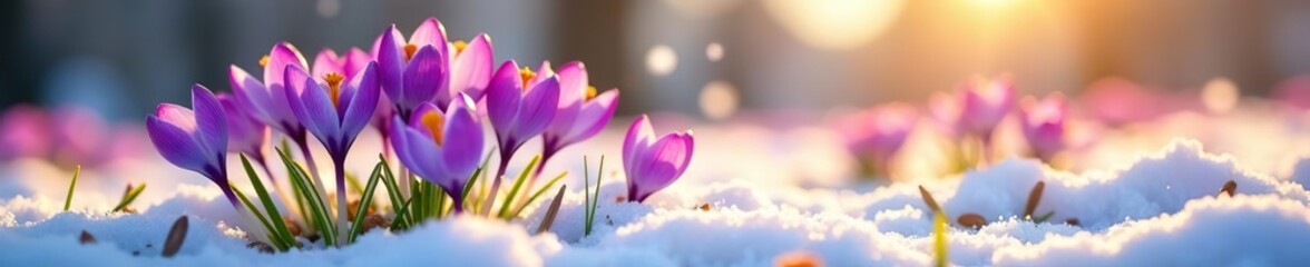 Fototapeta premium Vibrant purple crocus flowers blooming in snowy meadow under soft sun glow, blossoming, sun