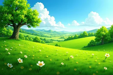 Gardinen Vibrant green springtime rural landscape on a sunny day with wide open views,  trees,  green © pichai