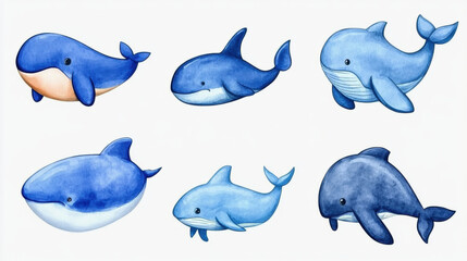 Fototapeta premium Cute whale illustrations featuring various species in shades of blue. Each whale has unique shape and expression, showcasing their playful nature and charm