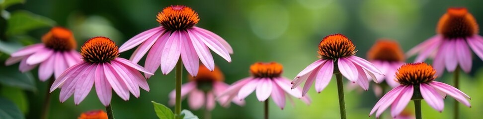 Vibrant group of Echinacea purpurea purple and white coneflowers in full bloom, ornamental medicinal hedgehog flowers,  group,  purpurea