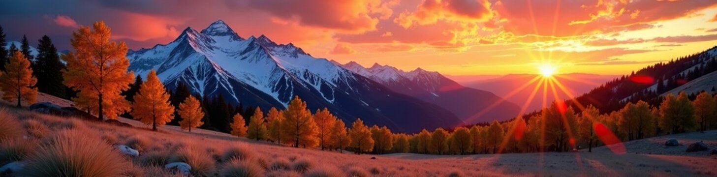 Vibrant sunset over Kebler Pass with golden aspen trees and snowy mountains in the background,  Kebler Pass,  mountains