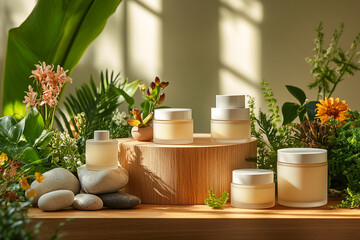 product photography mockups of various skincare essences transparent shampoo, cream, serum, oil,  containers set on a wooden podium in the gradient herbal background. mockup 