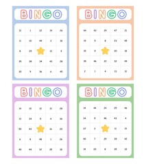 Bingo card random numbers printable template set. Vector illustration simple bingo card design.