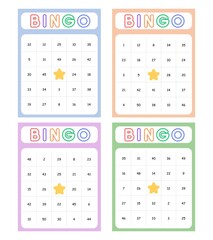 Bingo card random numbers printable template set. Vector illustration simple bingo card design.