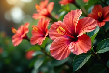 Vibrant hibiscus flowers in full bloom, showcasing various shades of red, pink, and orange,  flowers,  plant