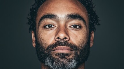 Obraz premium Hyperrealistic passport-style portrait of a man, with naturally blended features from multiple ethnicities, some with beards