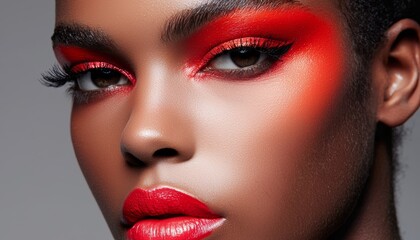 Bold monochrome beauty concept, close-up face with matching eyeshadow, blush, and lipstick in a single randomized color.