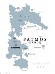 Patmos, Greek island, gray political map. Island of Greece in the Aegean Sea, northernmost part of Dodecanese. Here John of Patmos received the visions found in Book of Revelation of New Testament.