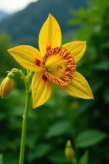 Fototapeta premium Vibrant red spotted yellow Monkey flower blooming in St Gallen garden, Switzerland, South America, blooming