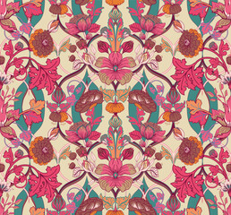 Vintage seamless floral pattern in damask style. For textiles, wallpaper, packaging.