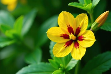 Fototapeta premium Vibrant red spotted yellow Monkey flower in bloom surrounded by lush green foliage in St Gallen, Switzerland, garden, vibrant