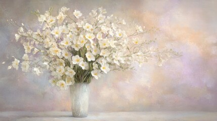 Soft white freesias in a tall frosted vase, standing against a pastel lilac background