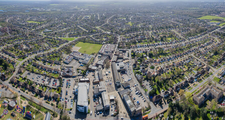 Aerial view of the Woodley downtown center. Small town in Wokingham, Reading, Berkshire