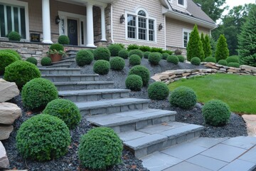 A beautifully landscaped front yard featuring stone steps, rounded bushes, and a blend of greenery and decorative stones.