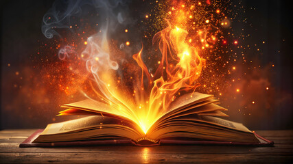Glowing open book with magical flames