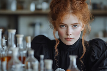 Woman with red hair and blue eyes is sitting in front of a table full of glass bottles