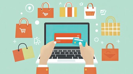 A close-up of hands holding a credit card in front of a laptop, preparing to make an online purchase. Shopping bags and package icons surround the scene.