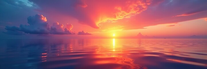 Vibrant sea sunset with reflections on calm water,  horizon,  twilight