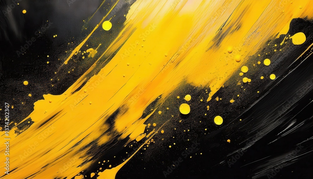 Poster dynamic abstract yellow and black paint splatter with diagonal motion effect, perfect for modern background and creative designs


