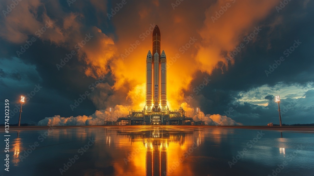 Aufkleber rocket engines ignite dramatically as the vehicle prepares for a significant launch, showcasing powe