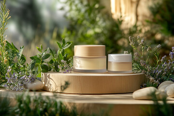 product photography mockups of various skincare essences white shampoo, cream, serum, oil,  containers set on a wooden podium in the gradient herbal background. mockup 